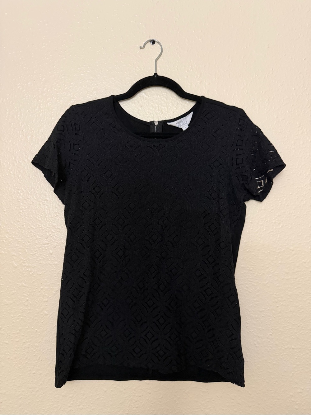 Market & Spruce Stitch Fix Black Lace-Overlay Short Sleeve Top